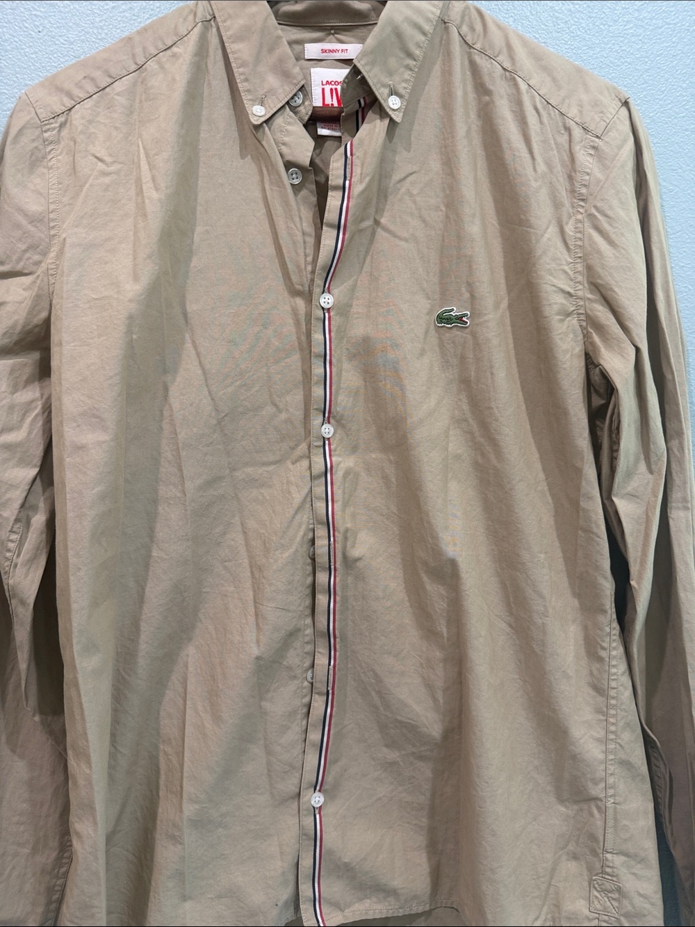 Lacoste Live Skinny Fit Tan Button-Down Shirt Contrast Stripe Placket Eur 40 M